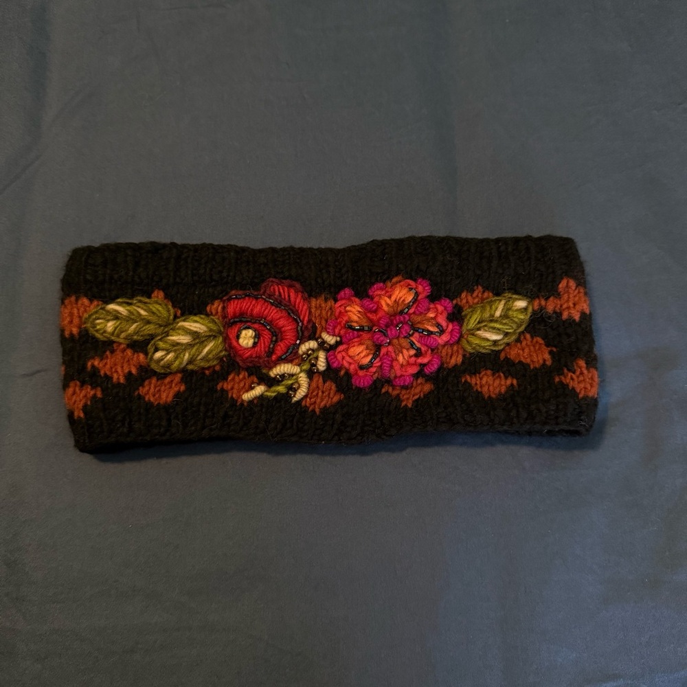 French Knot Embroidered Floral Knit Headband - Black with Pink & Orange Accents